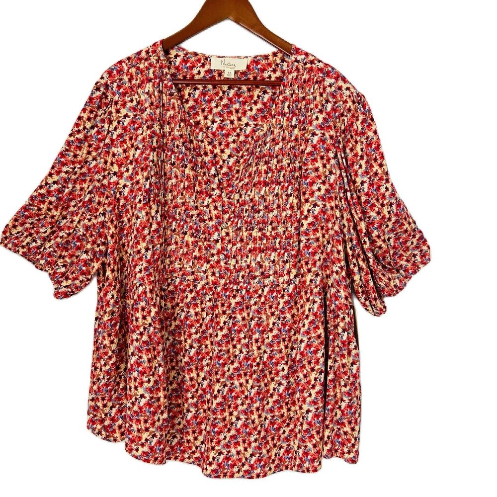 Nurture Blouse Women 3X Multi Color Floral Pleats Cottage Boho Comfy Flowy NWT